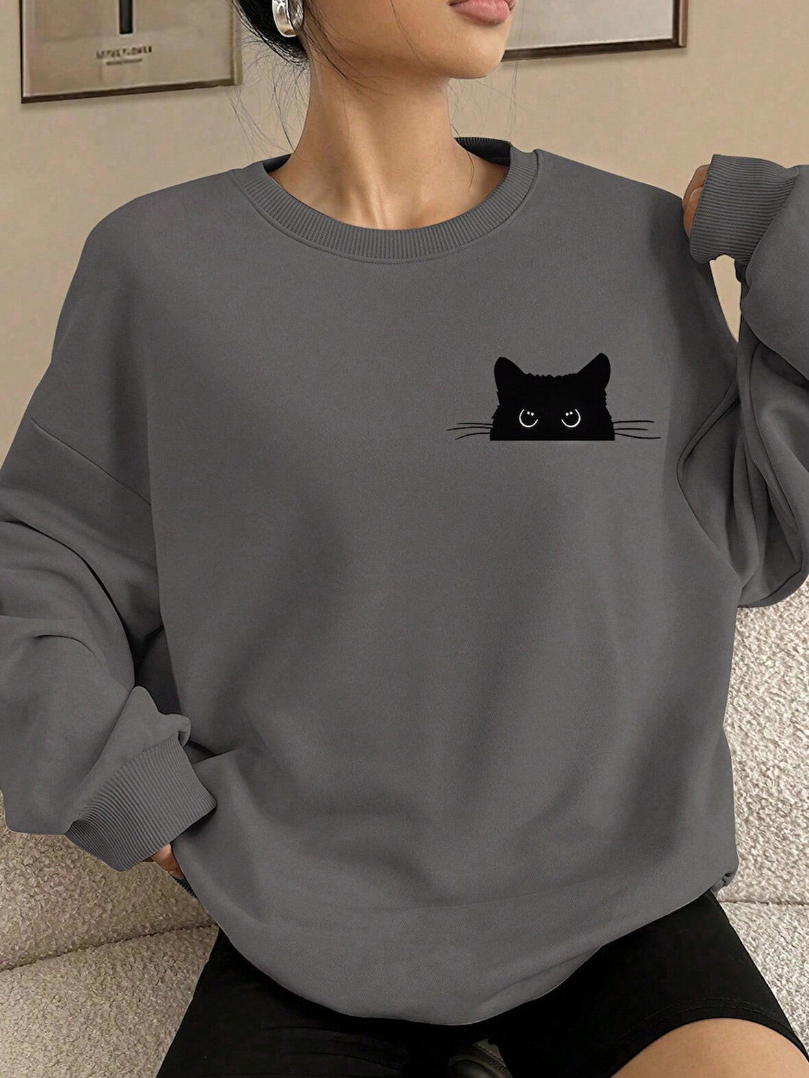 Füme Oversize Geniş Kalıp 3 İplik Şardonlu Sweatshirt – Bisiklet Yaka Kedili Baskılı Kalın Sweat