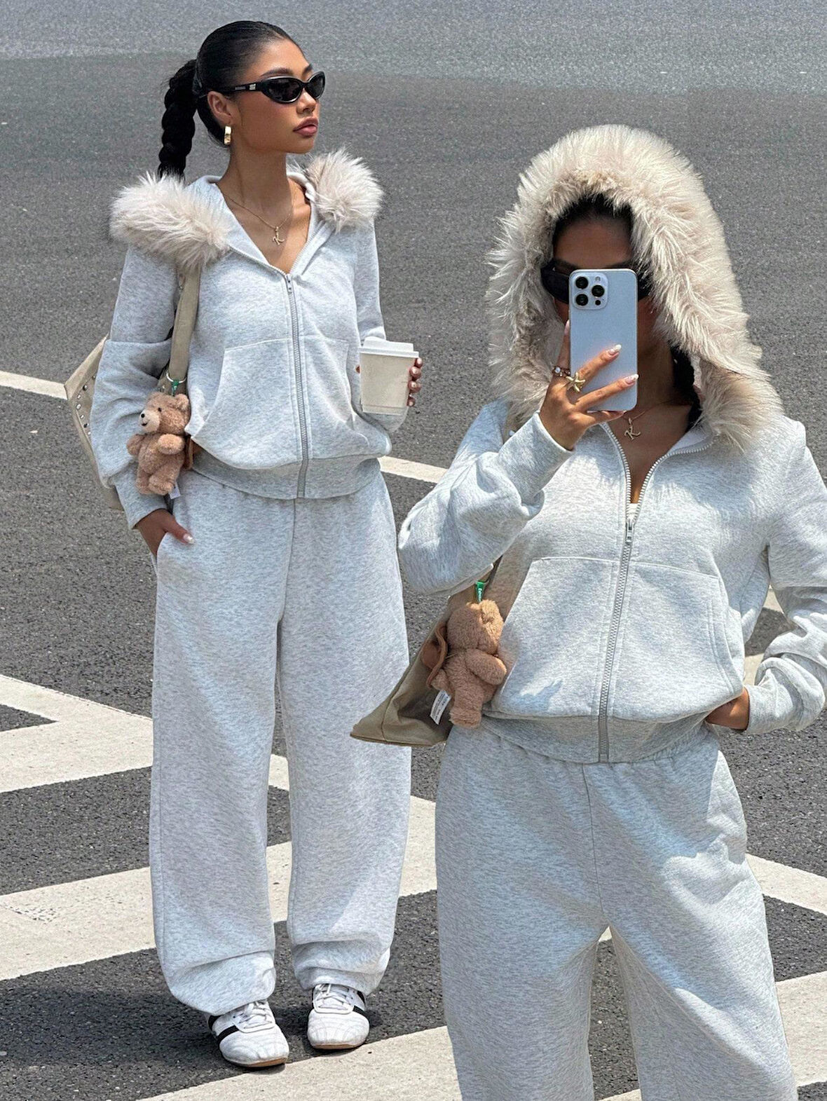 Kadın Gri Fermuarlı Kapüşonlu Sweatshirt Eşfoman Takımı – Kürklü Kapüşon, Cepli, Rahat Kalıp