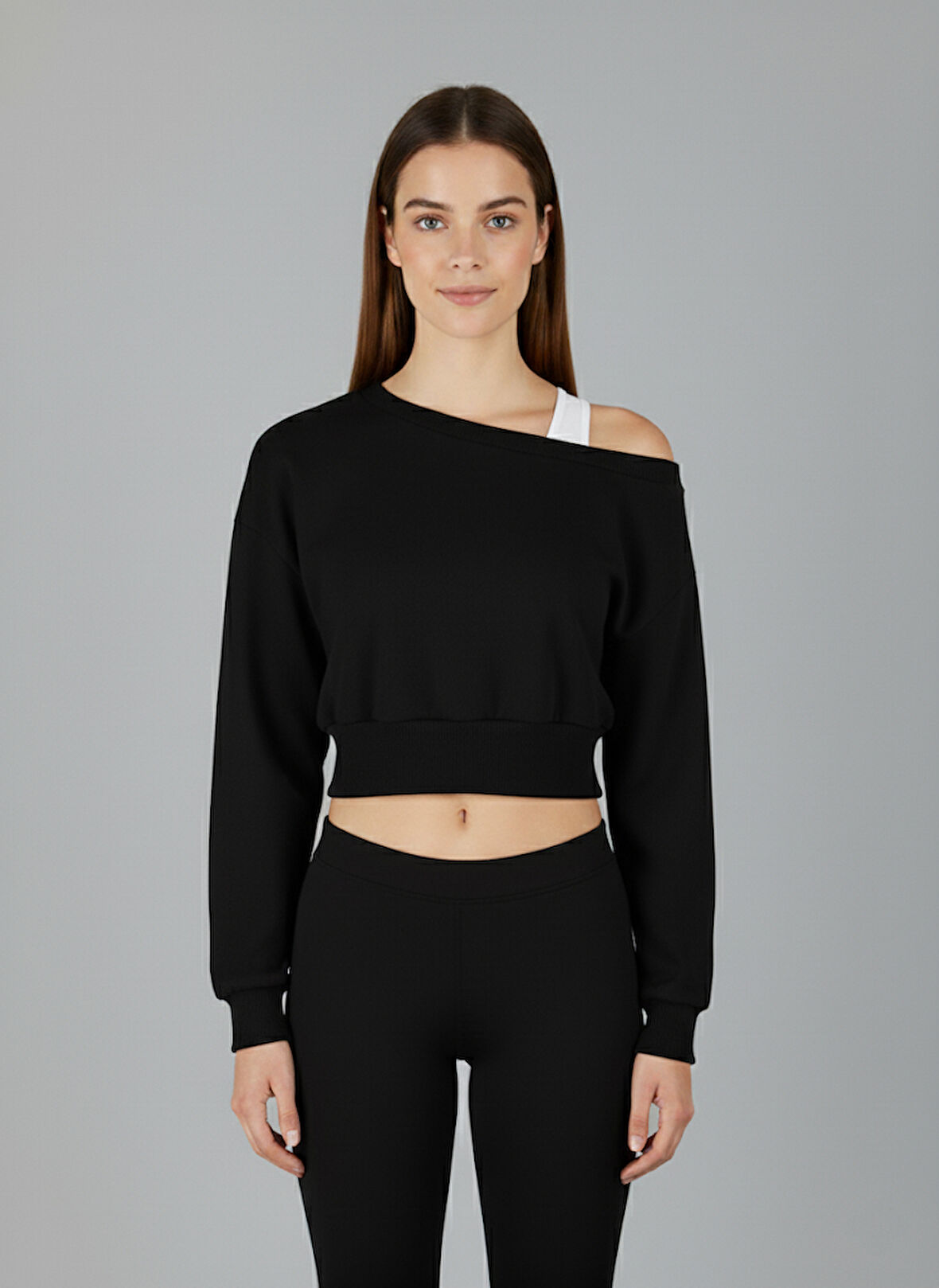 Askılı Modern Basic Omuzu Açık Siyah Sweatshirt | Reglan Kol Kesim