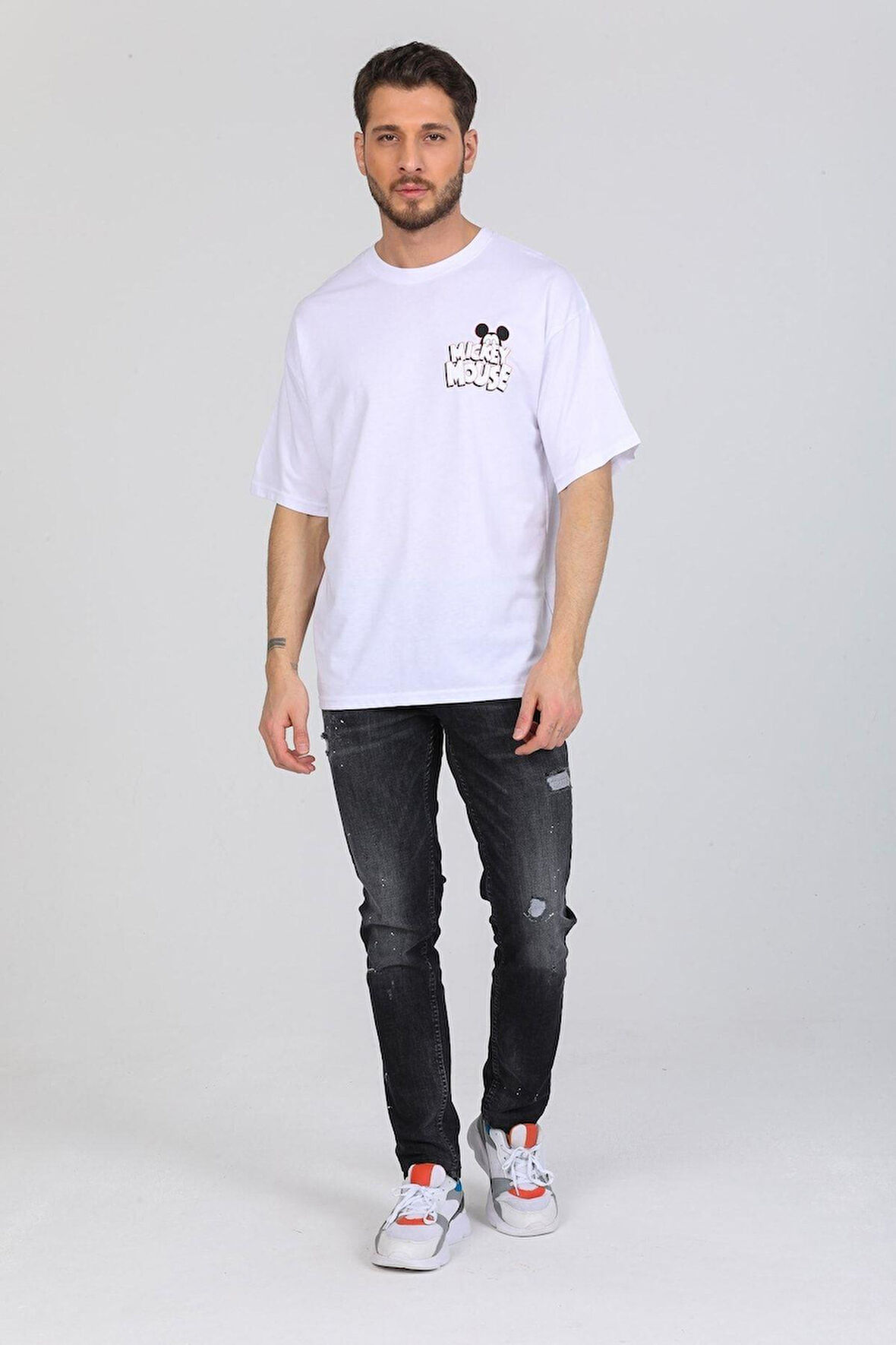 Oversize Mickey Mouse Logolu Beyaz T-shirt