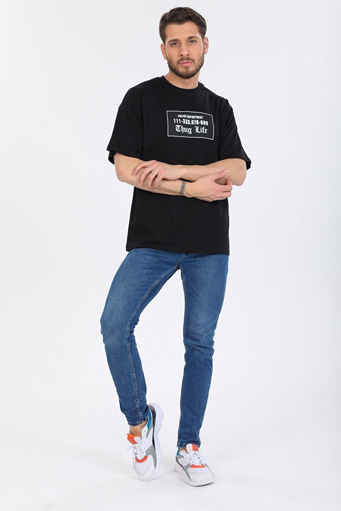 Oversize Thug Life Yazılı Siyah T-shirt