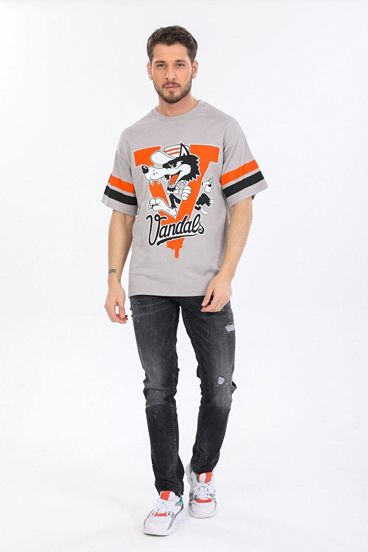 Oversize Kurt Desenli Gri T-shirt