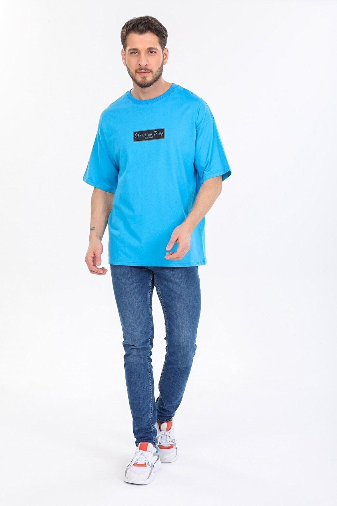 Oversize Logo Ve Istanbul Yazılı Mavi T-shirt