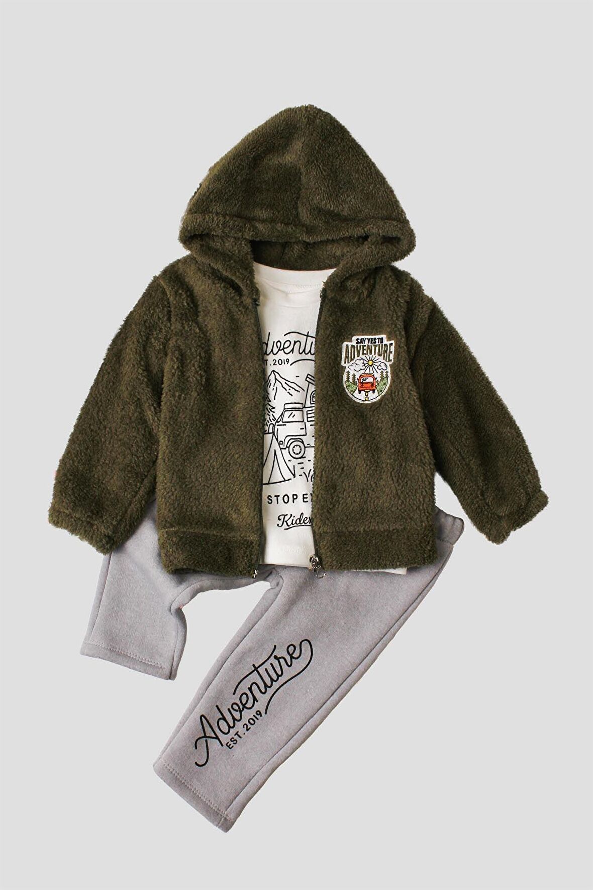 Kışlık tatlı peluş takım 3’lü takım erkek bebek welsoft sweatshirt eşofman
