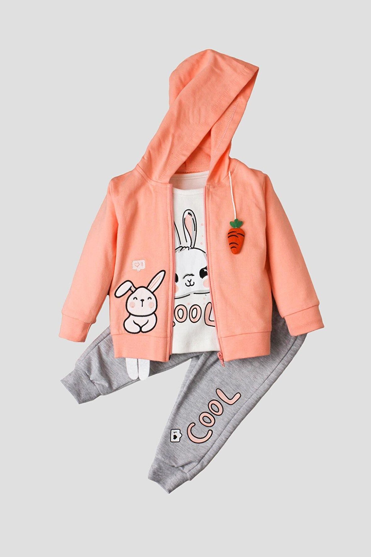 Unisex Tavşanlı Kapüşonlu 3lü Takım Pamuklu Alt Üst İç Giyim