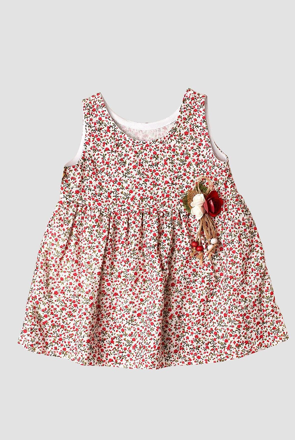 Şapkalı Küçük  Çiçek Desenli Kalın Askılı Kız Bebek Elbisesi