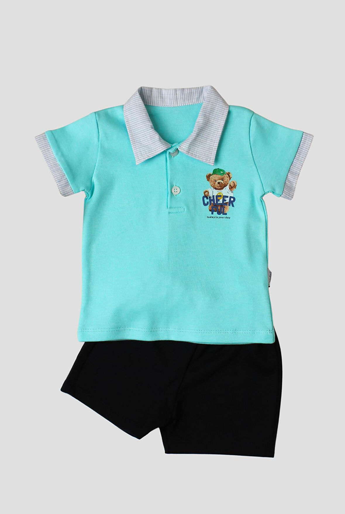 Tatlı Ayıcık Desenli Yaka Detaylı 2'li Alt Üst Takım