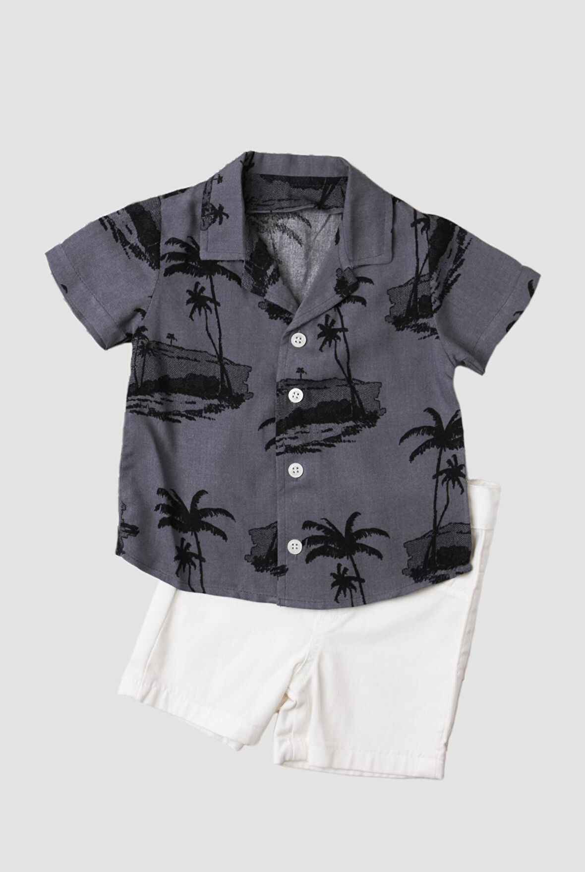 Palmiye Plaj Desenli Düğün Cemiyet Erkek 2'li Gömlek Alt Üst Takım