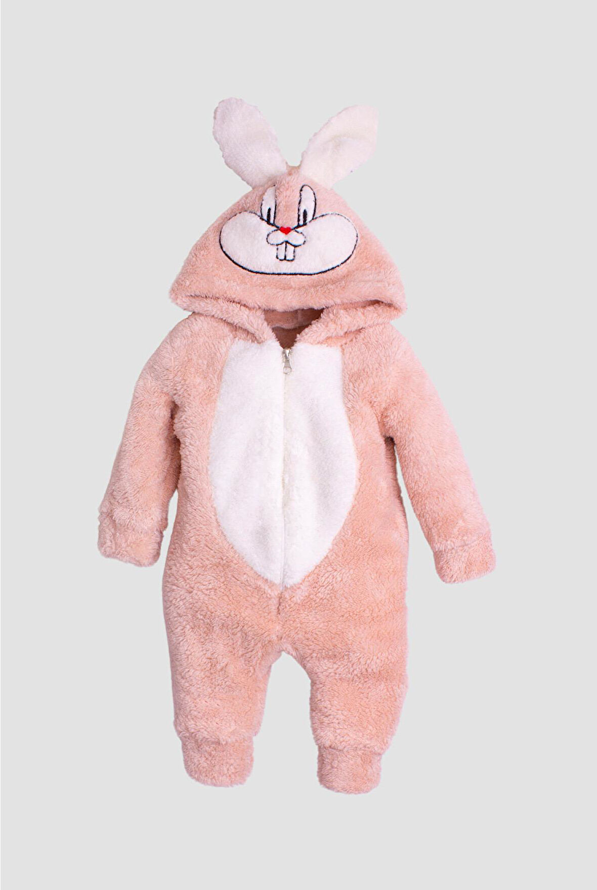 KışlıkTatlı Peluş Tavşan Nakışlı Kapüşonlu Welsoft  Tulum