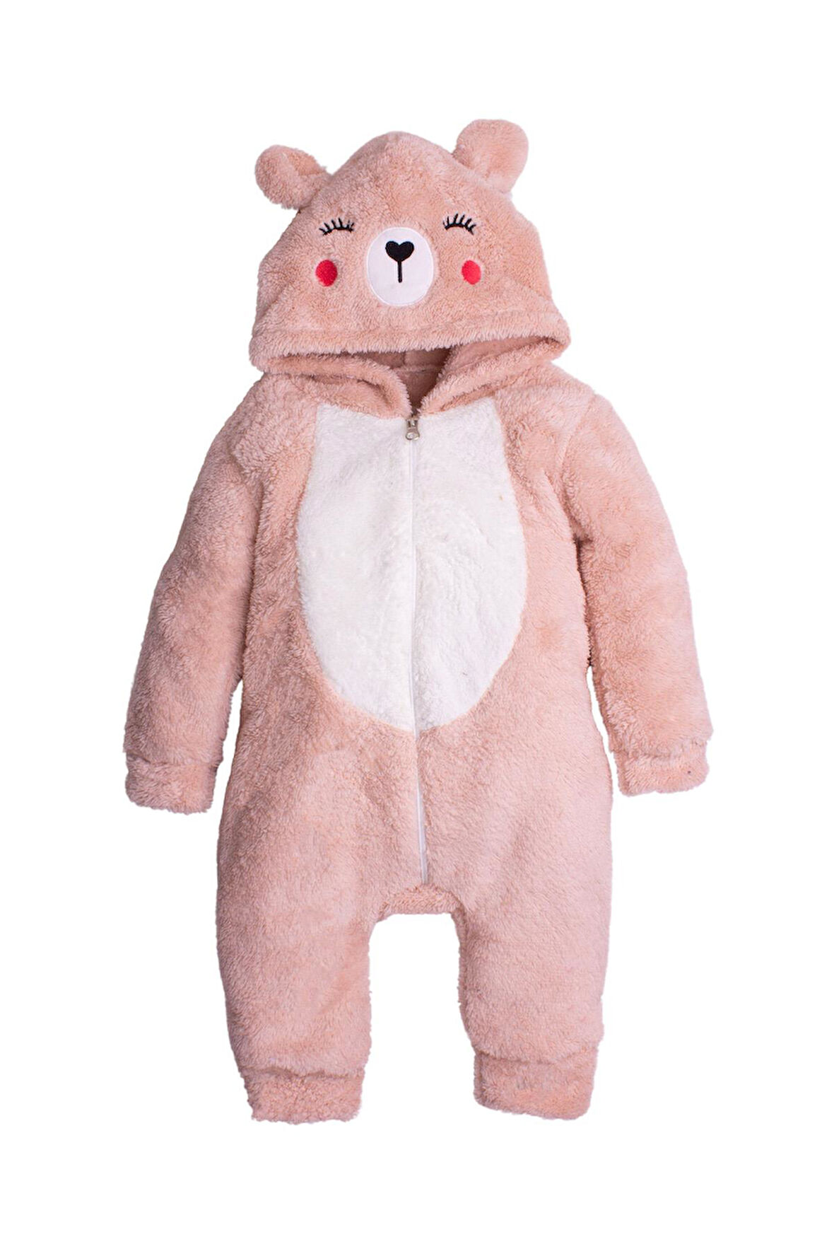 Kışlık Tatlı Peluş Kapüşonlu Ayıcık Nakışlı Bebek Çocuk Welsoft Tulum