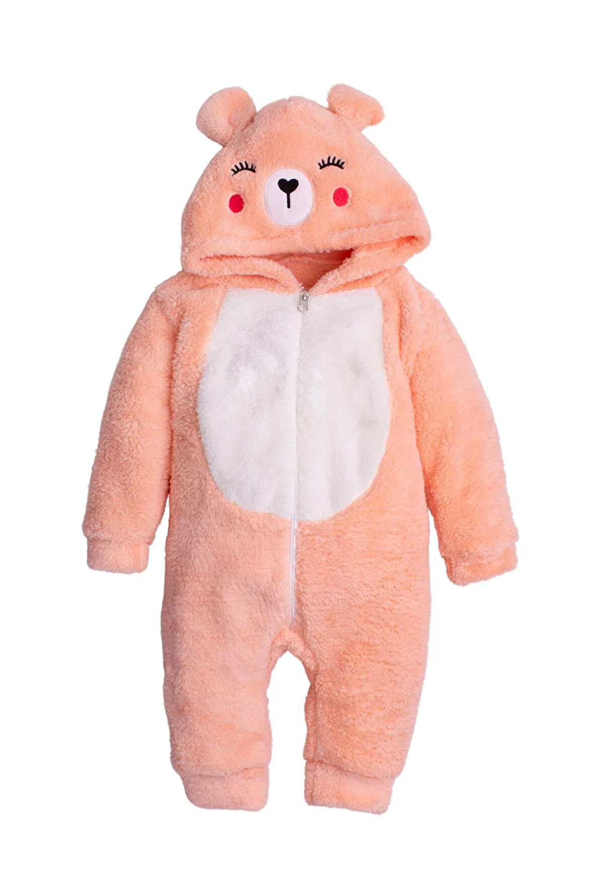 Kışlık Tatlı Peluş Kapüşonlu Ayıcık Nakışlı Bebek Çocuk Welsoft Tulum