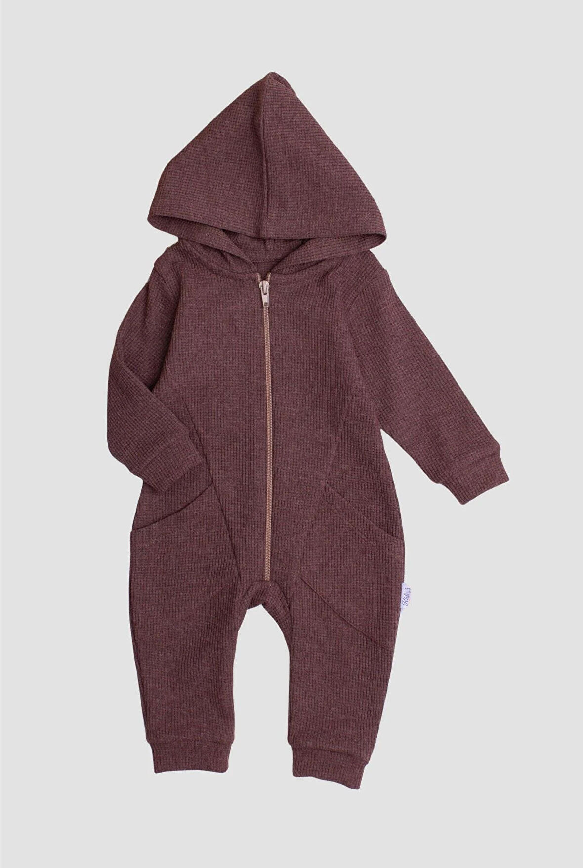 Waffle Görselli Tatlı Fermuar Kapamalı Cepli Kapüşonlu Pamuklu Bebek Tulum