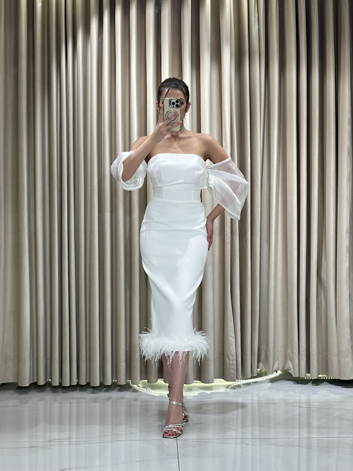 Beyaz Balon Kollu Krep Midi Boy Yeni Sezon Abiye Elbise Ht8387 8387