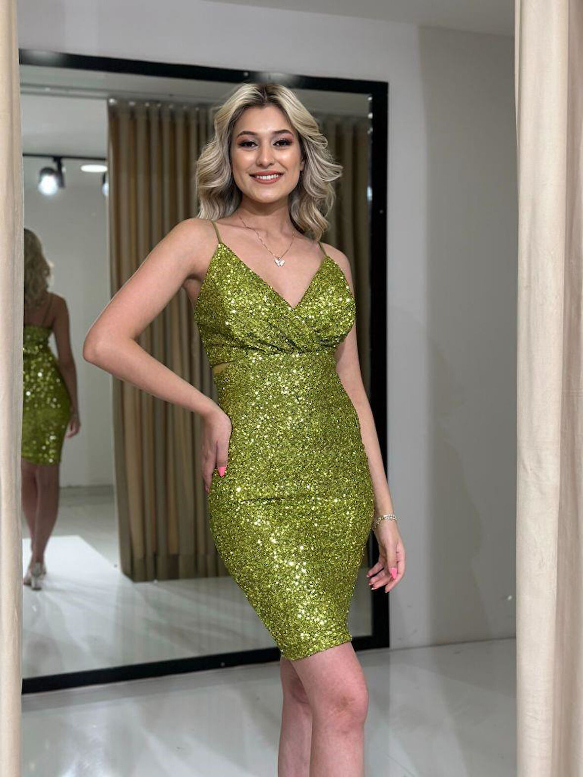 Yağ Yeşili İp Askılı  Ara Boy Pul Payet  Yeni Sezon Abiye Elbise An39696 39696