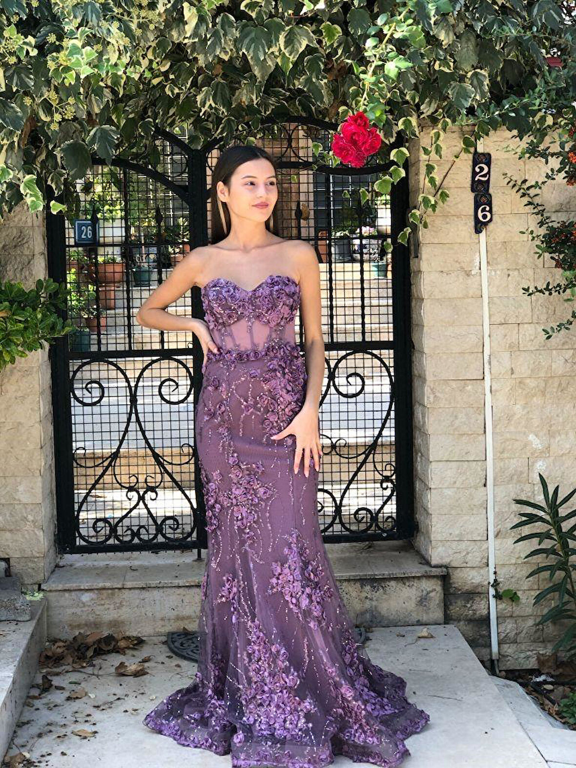 Lavanta Straplez Üç Boyut Çicek Desenli Beli Transparan Yeni Sezon Abiye Elbise Ht7462 7462