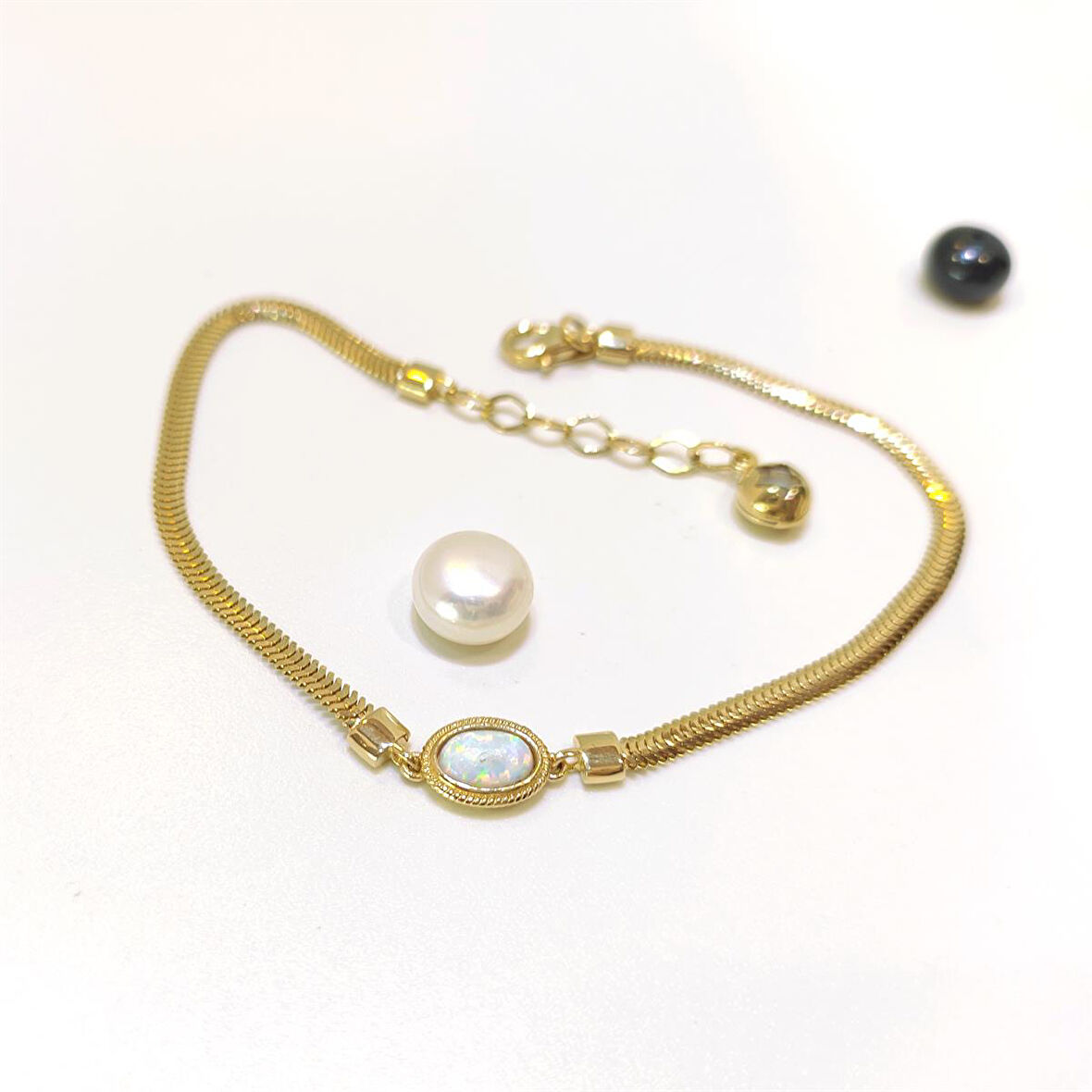 Opal Taşlı Balık Sırtı Bileklik Künye 14 Ayar Altın HD VİDEOLU