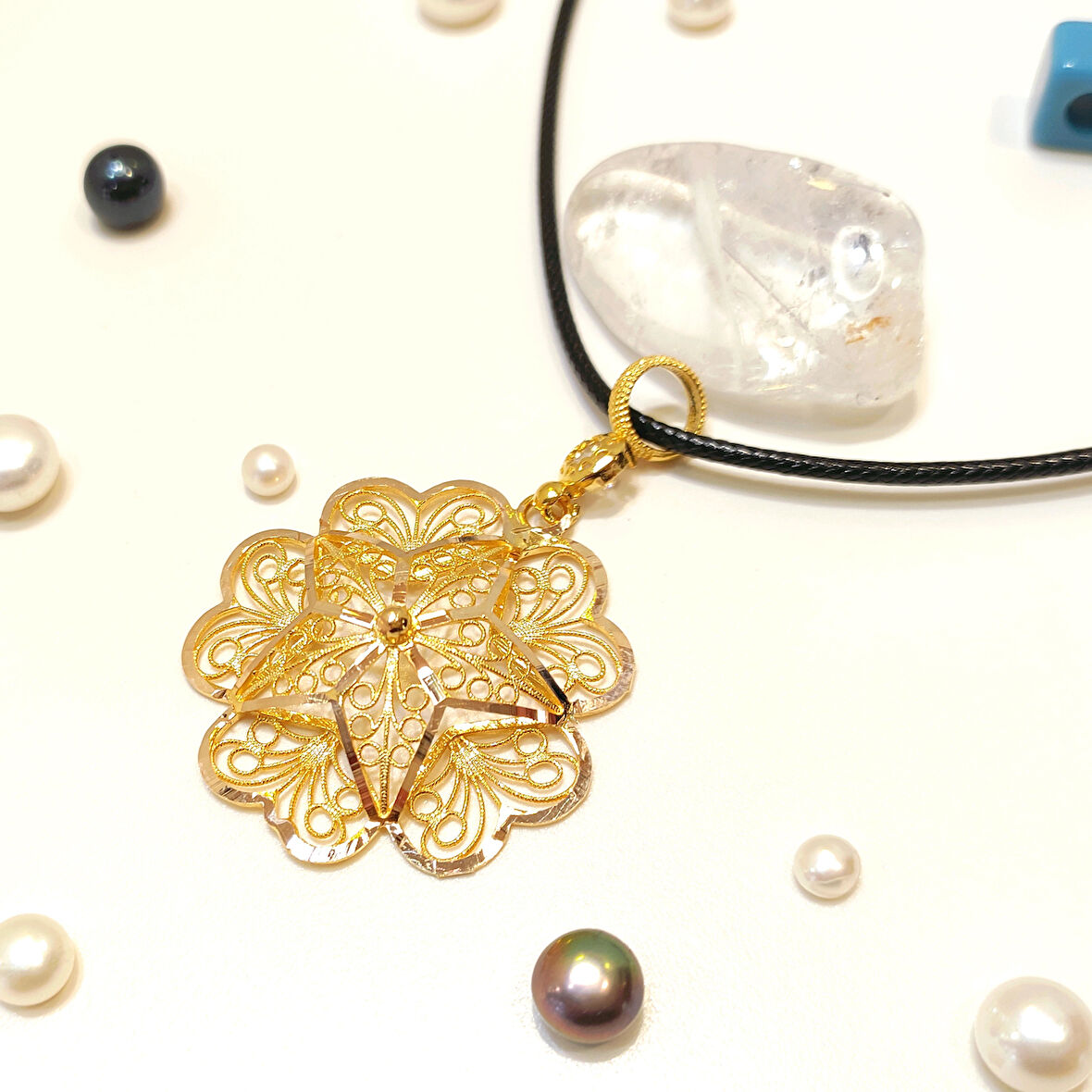 Büyük Boy Telkare Gül Modeli Kolye Ucu 14 Ayar Altın  HD VİDEOLU