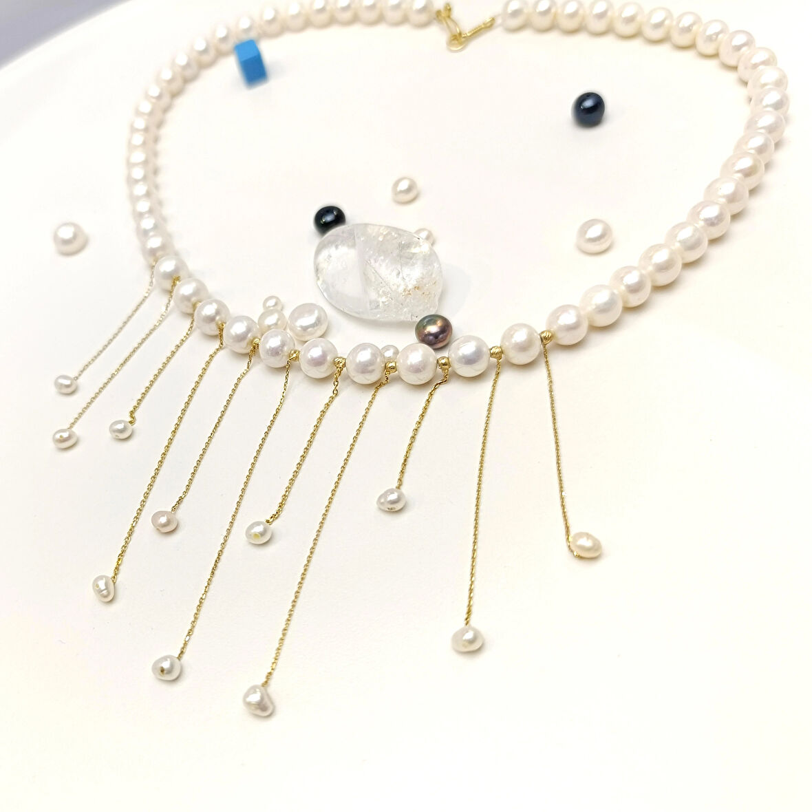 Püsküllü Dorika Toplu Gerçek İncili Gerdanlık Kolye 14 Ayar Altın HD VİDEOLU