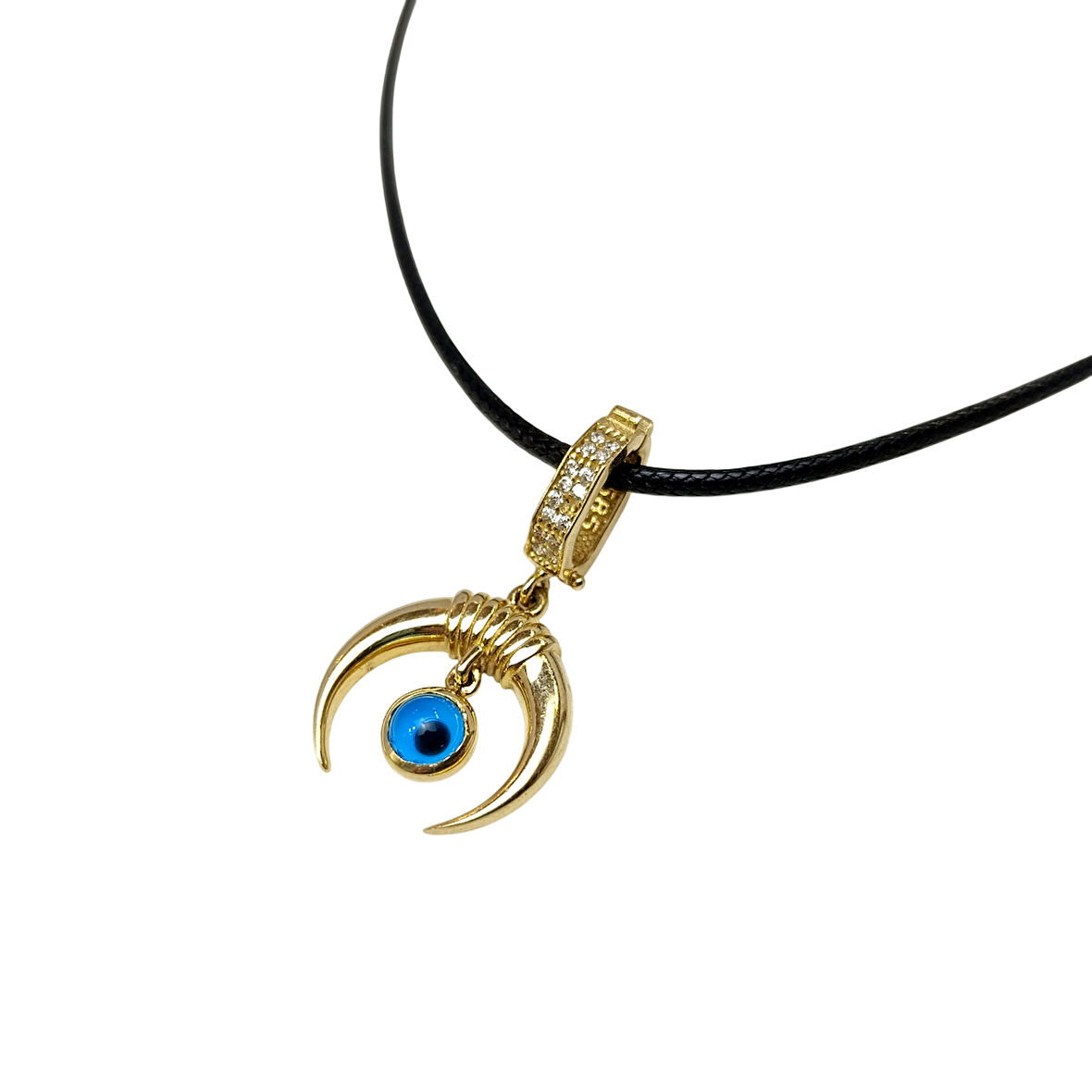 Charm Göz Boncuklu Boynuz Kolye 14 Ayar Altın HD VİDEOLU