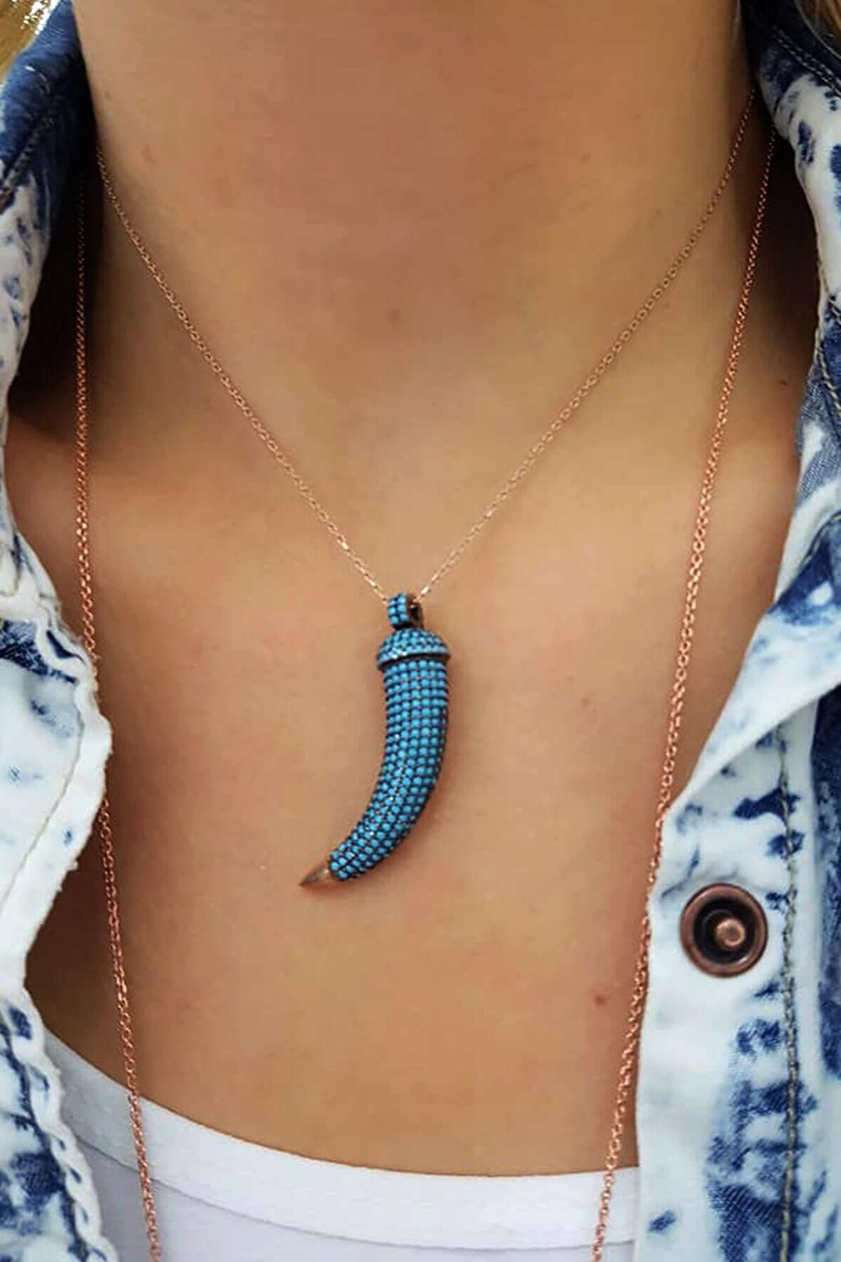 Nano turkuaz taşlı 3 boyutlu gümüş diş kolye 