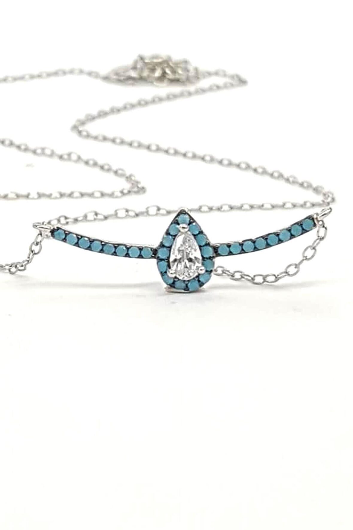 Turkuaz ve zirkon taşlı gümüş Kadın kolye 