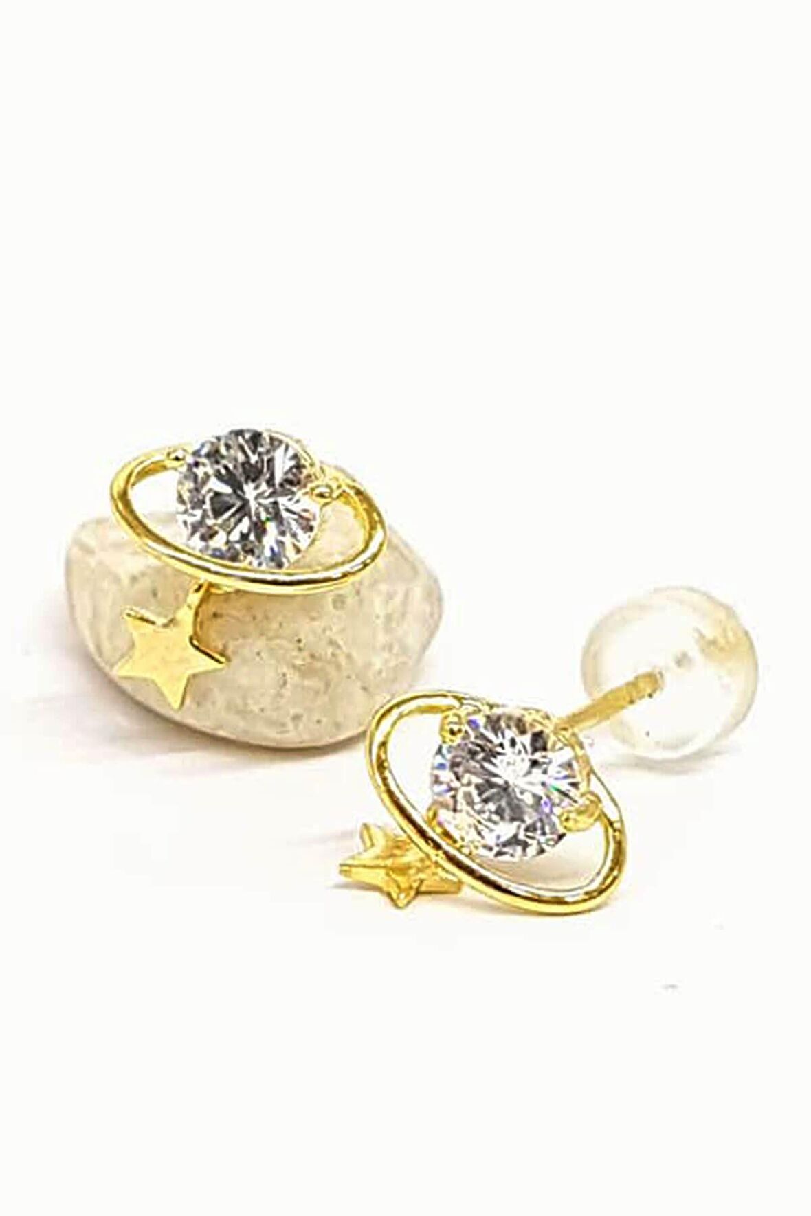 Gezegen Figürlü Gümüş Üzerine Altın kaplama zirkon taşlı minimal küpe