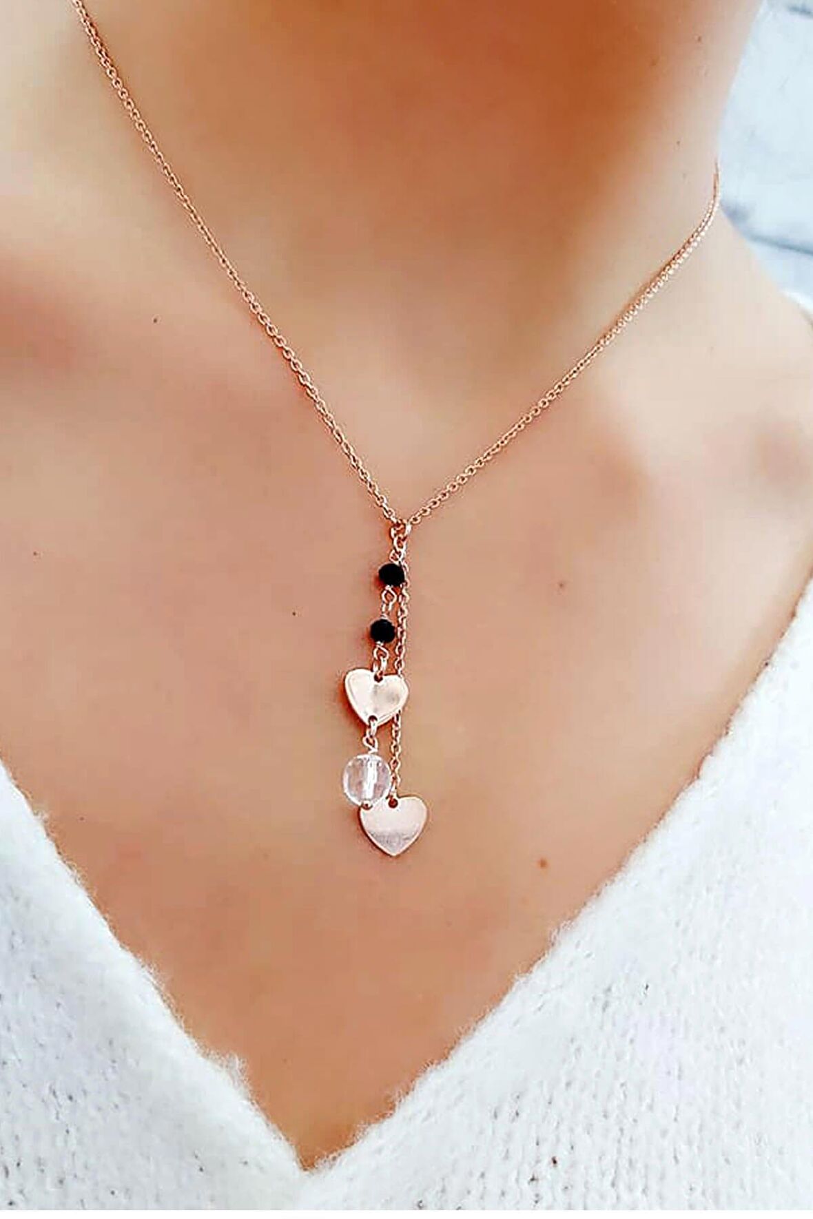 Swarovski taşlı Gümüş üzerine rose altın kaplama Kalpli Kolye