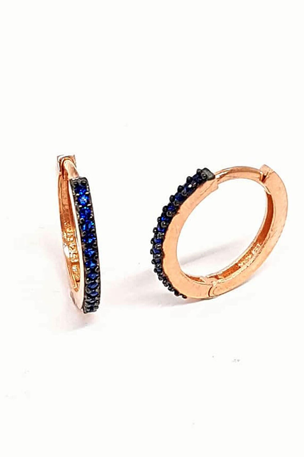 Lacivert Zirkon Taşlı Gümüş üzerine rose altın kaplama halka küpe