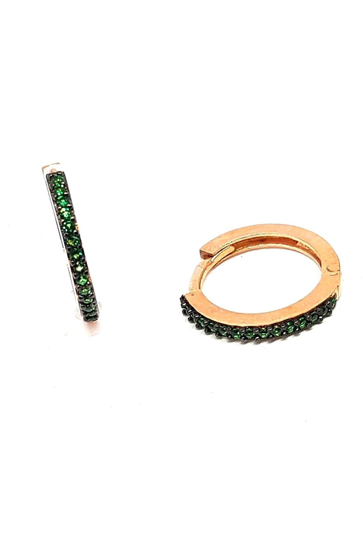 Yeşil zirkon taşlı gümüş üzerine rose altın kaplama halka küpe