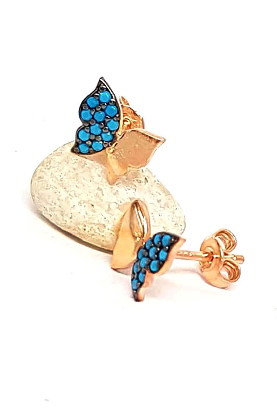 Kelebek Figürlü turkuaz taşlı gümüş üzerine rose altın kaplama küpe