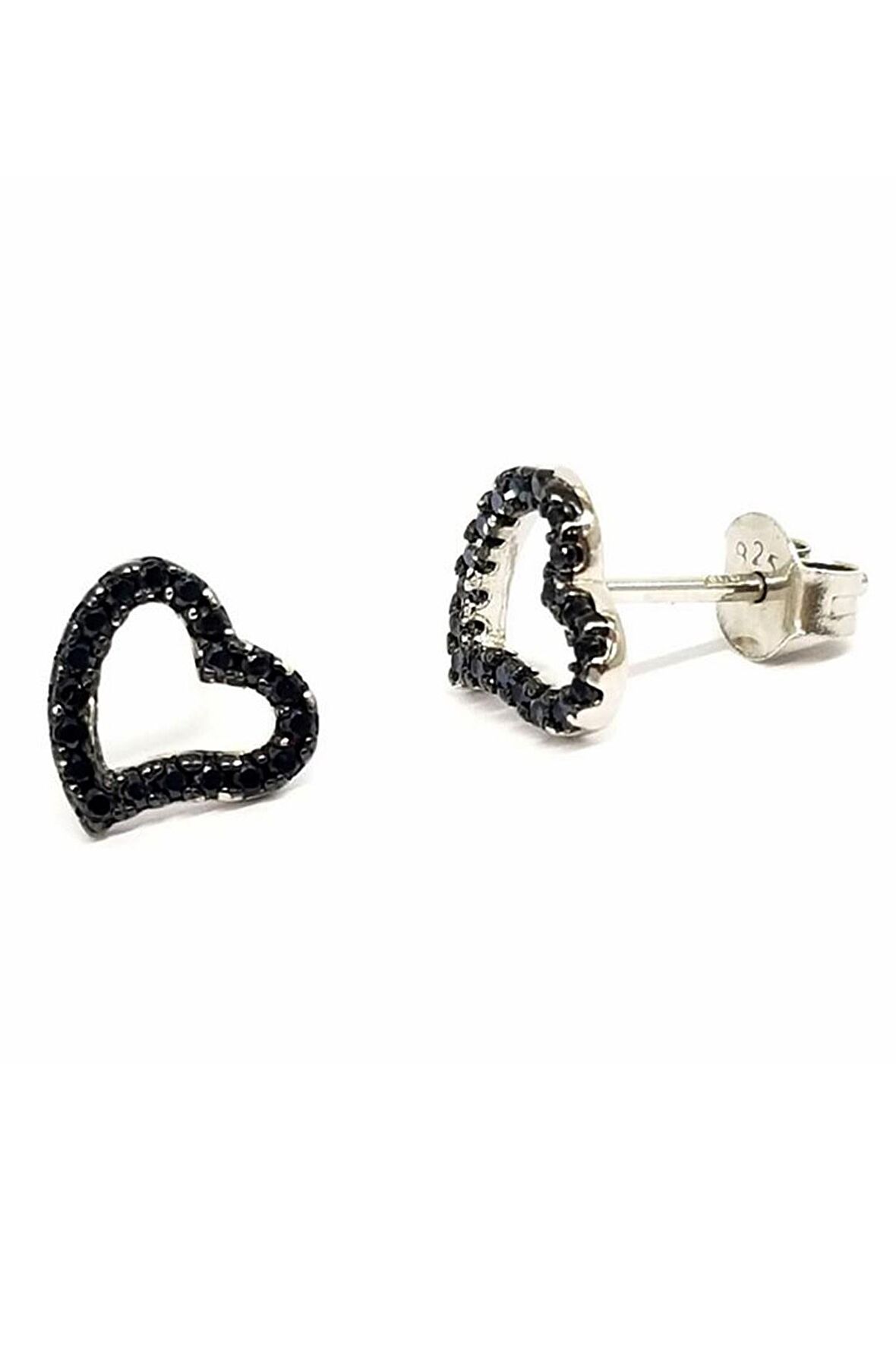 Siyah Oniks Taşlı Kalpli Gümüş Kadın Küpe