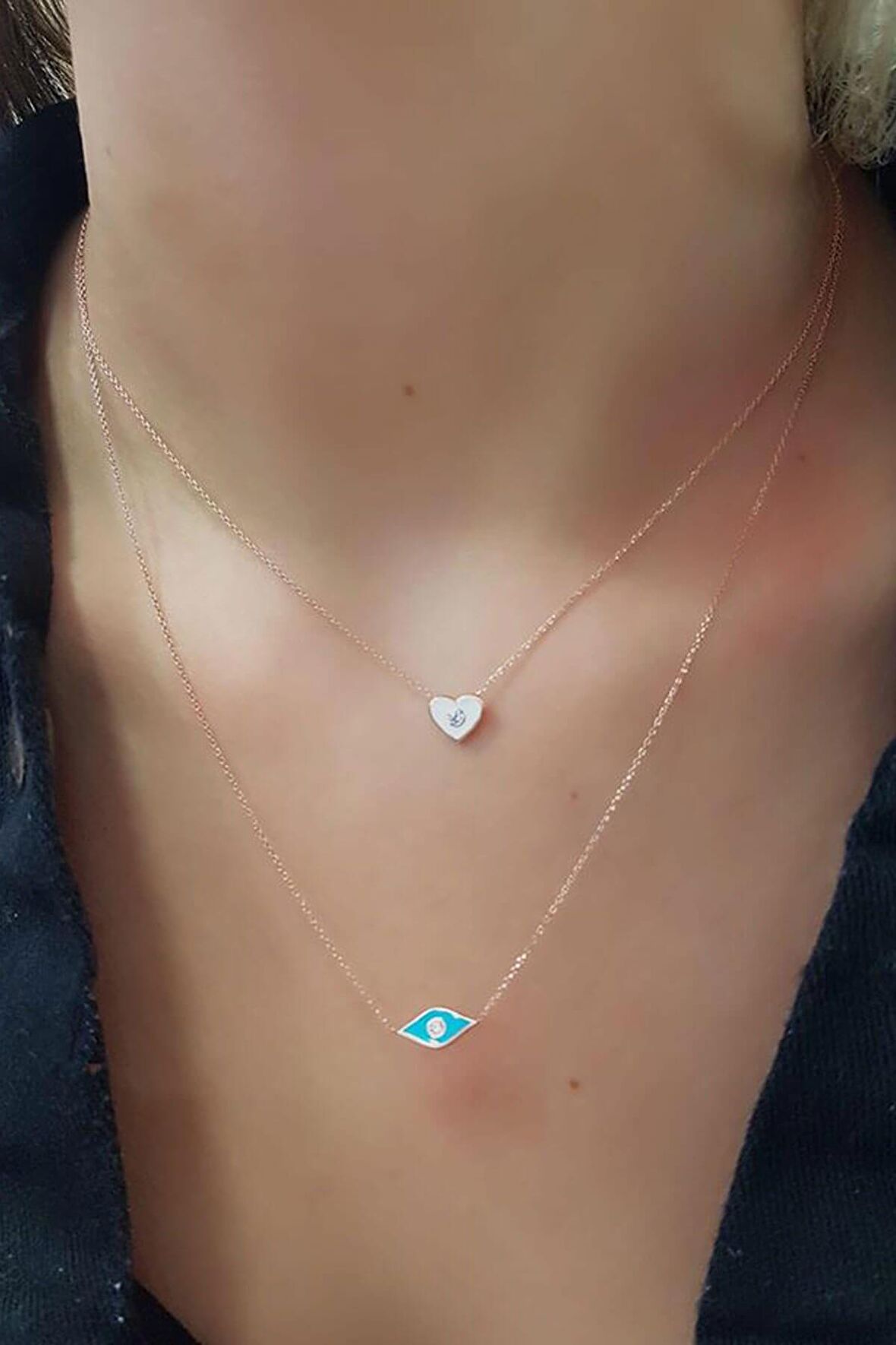 Mine İşçilikli Kalp Figürlü Gümüş Rose İkili Kolye 