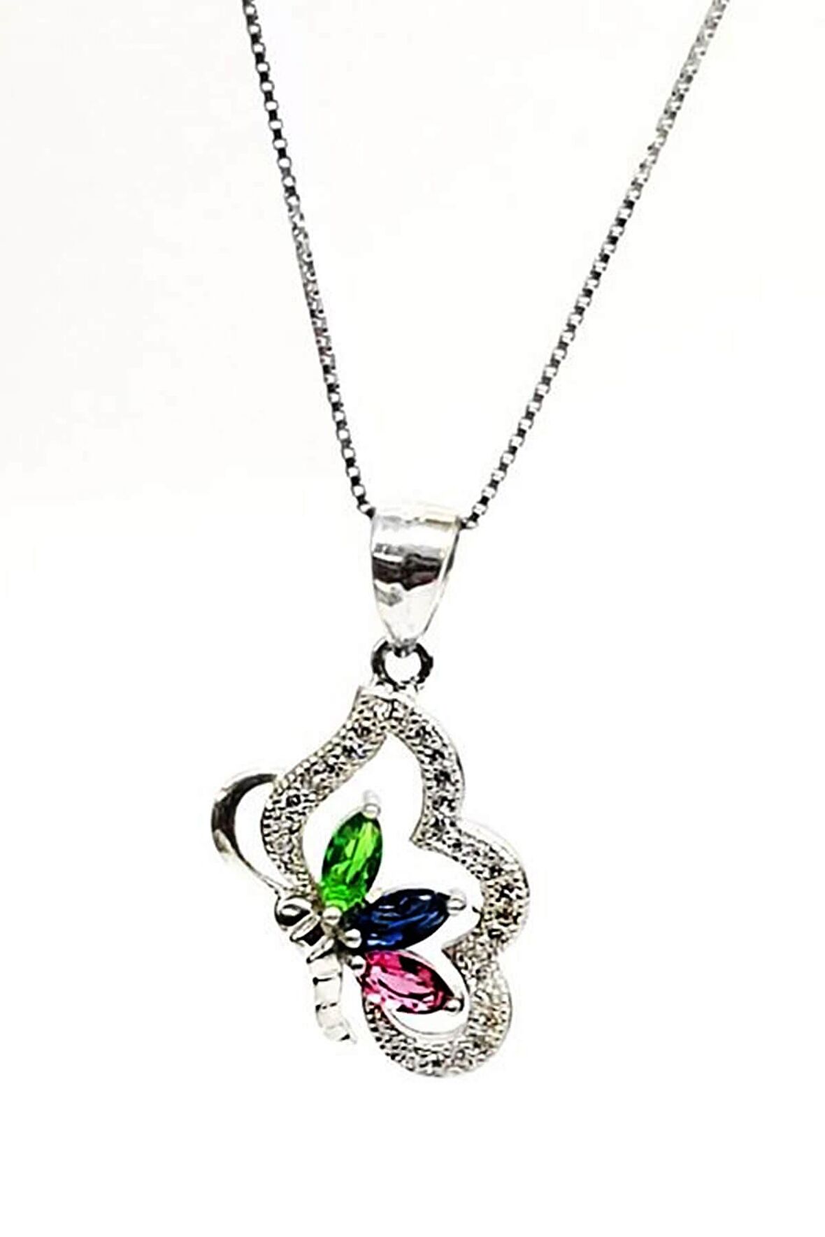 Renkli zirkon taşlı kelebek figürlü gümüş Kadın kolye