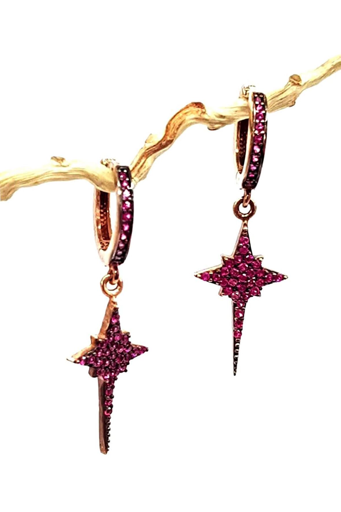 Kutup yıldızı figürlü pembe zirkon taşlı gümüş üzerine rose altın kaplamalı küpe