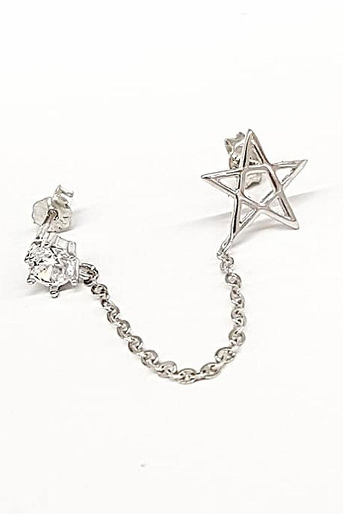 yildiz figurlu cift delige takilabilen gumus tek kupe