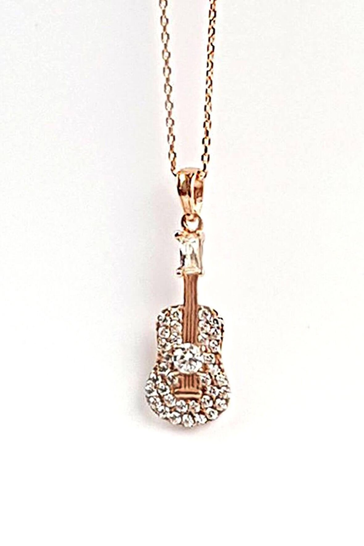 Gitar Figürlü Gümüş Üzerine Rose altın kaplama zirkon taşlı kolye