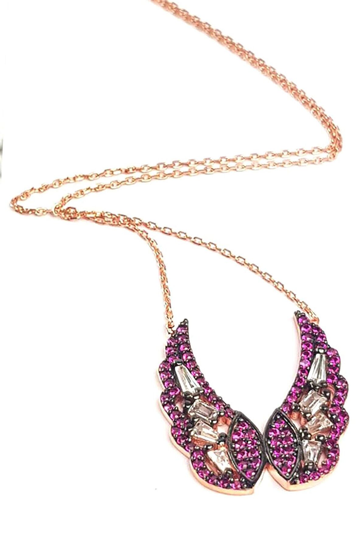 Baget kesim zirkon taşlı melek kanadı figürlü Gümüş üzerine rose altın kaplama kolye 