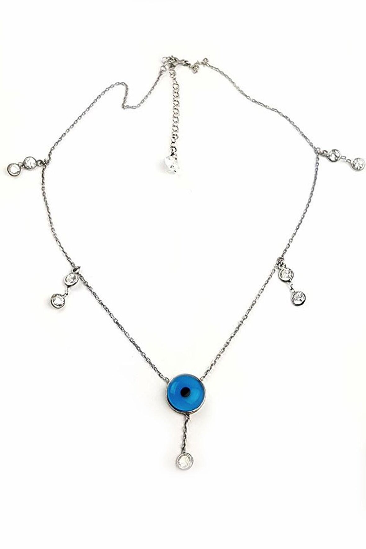 Nazar Boncuklu Zirkon Taş detaylı Gümüş Şans Kolyesi 