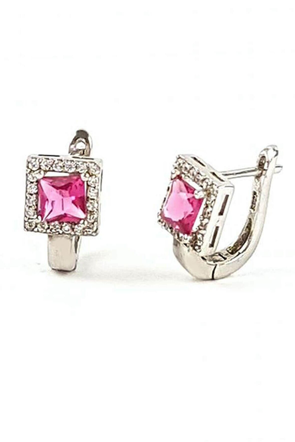 Pırlanta ışıltısında Pembe ve beyaz zirkon taşlı gümüş küpe