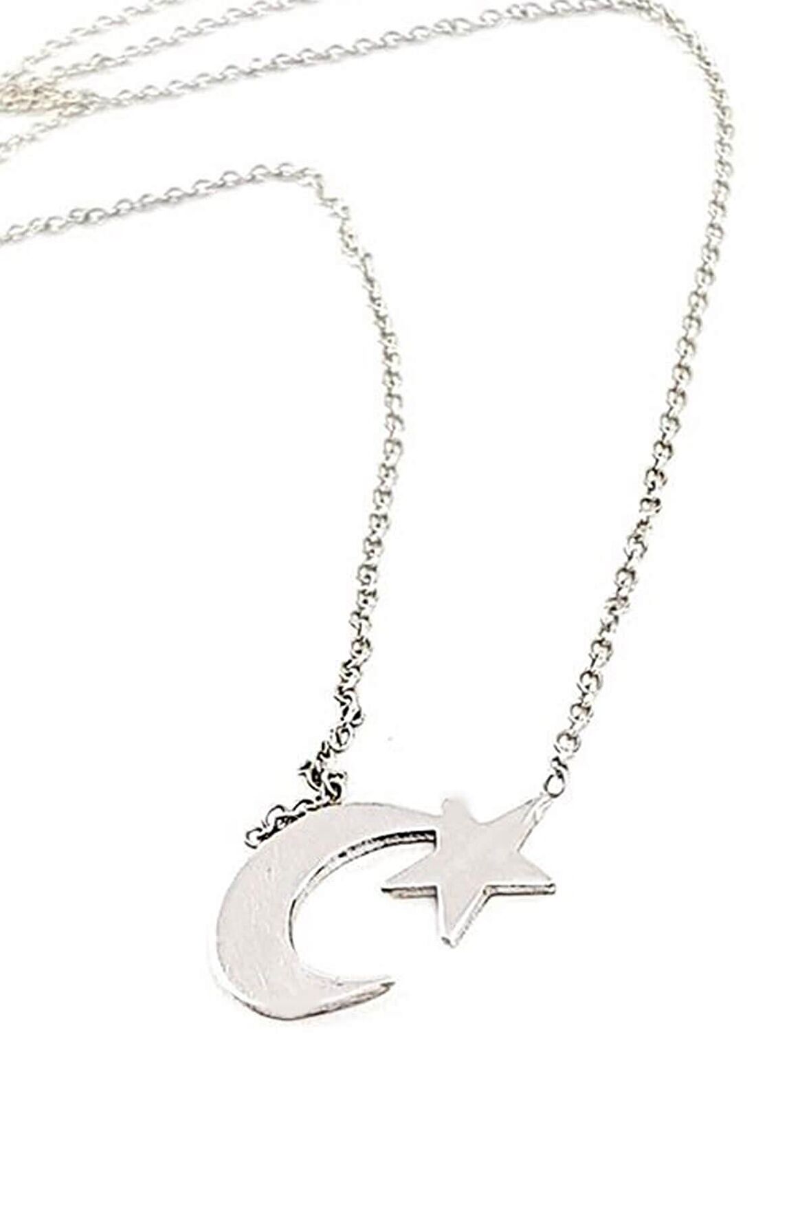 Ay Yıldız İşlemeli Gümüş Taşsız Kolye