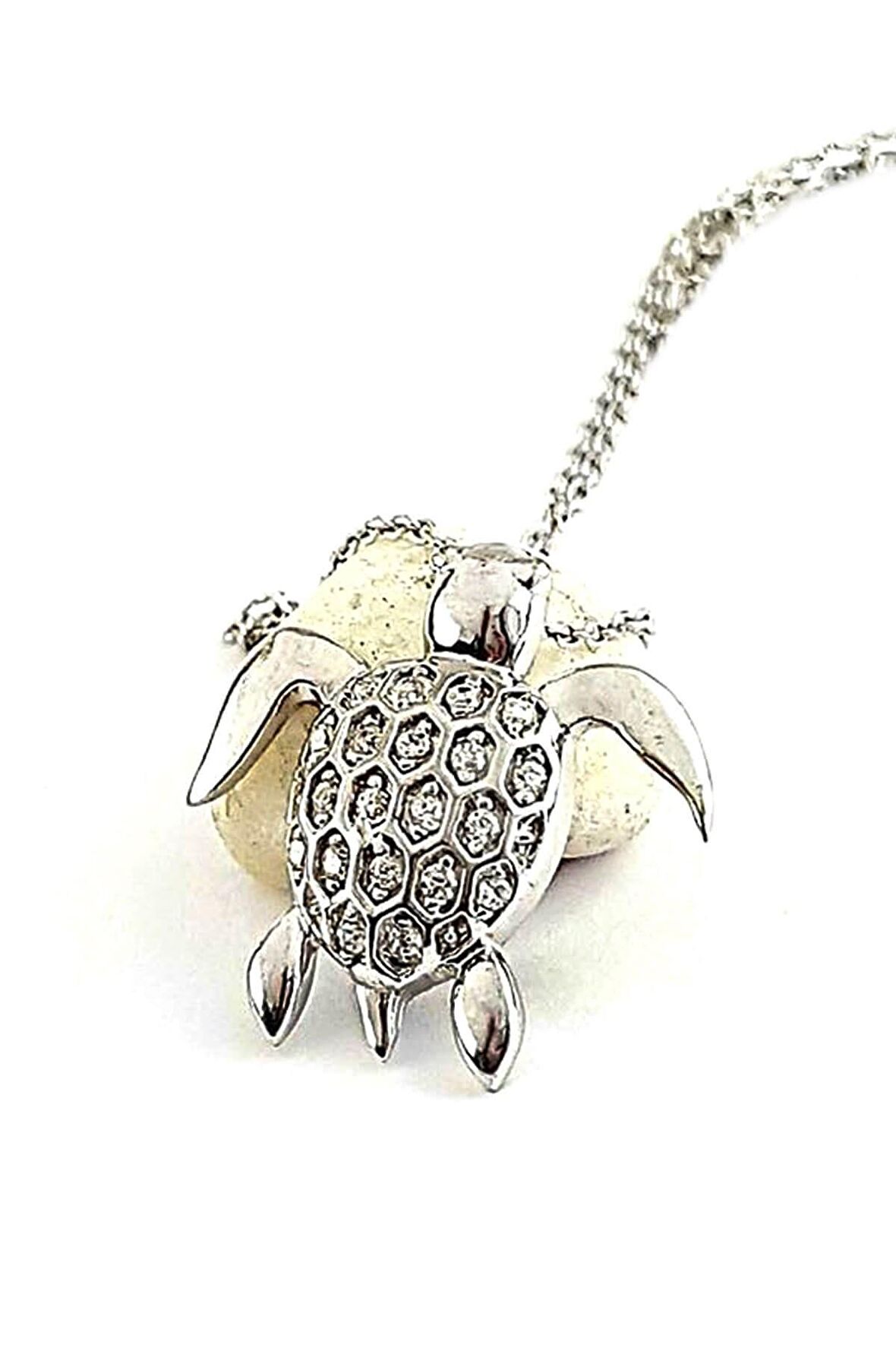 Zirkon Taşlı Kaplumbağa figürlü gümüş Kadın kolye 