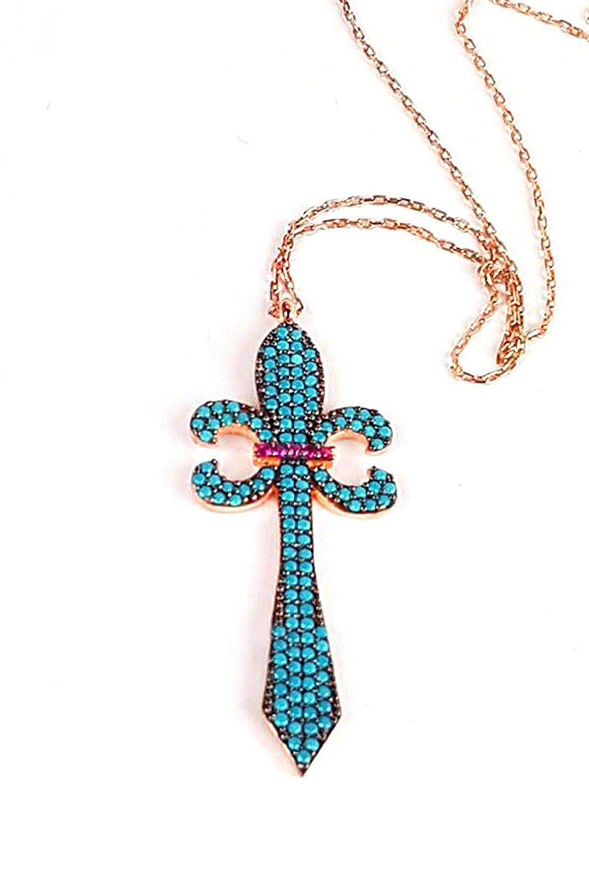 Turkuaz taşlı gümüş üzerine rose altın kaplama trend kolye 