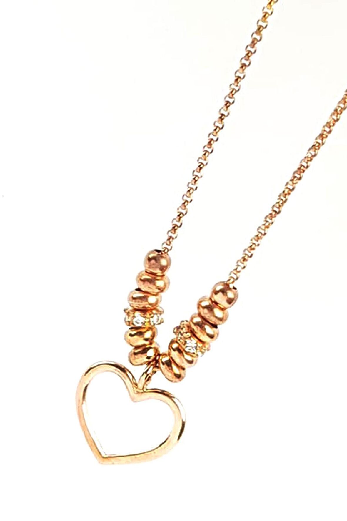 Kalpli swarovski taş detaylı gümüş üzerine rose altın kaplamalı kolye 