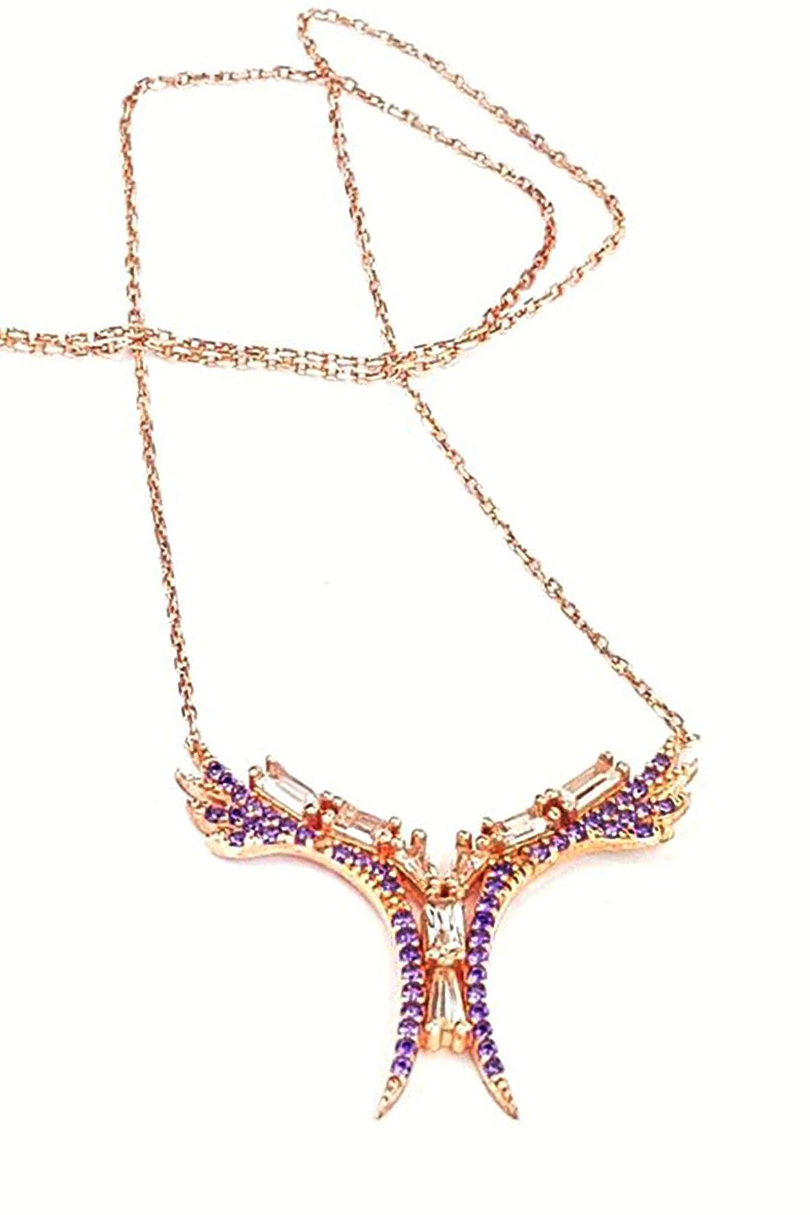 Baget kesim zirkon taşlı ve ametist taşlı gümüş modern kolye