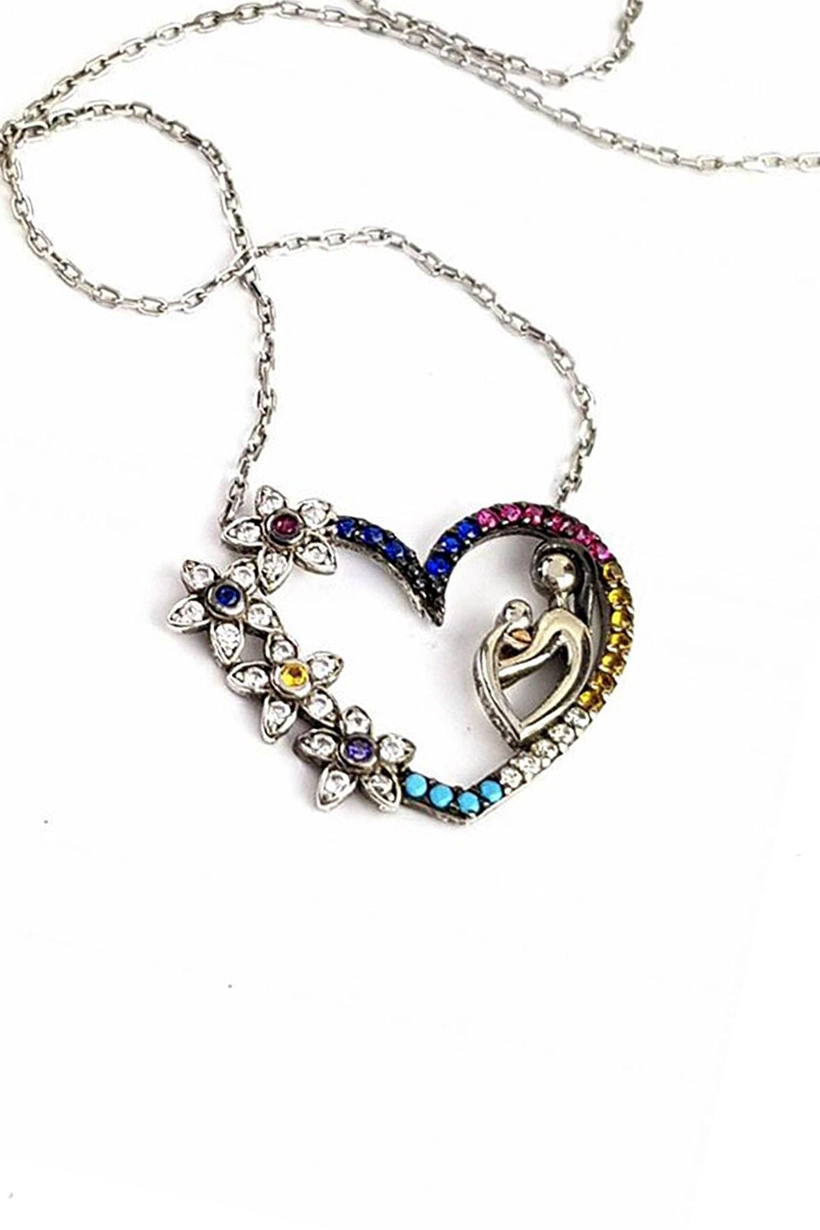 Renkli zirkon taşlı gümüş anne kolyesi