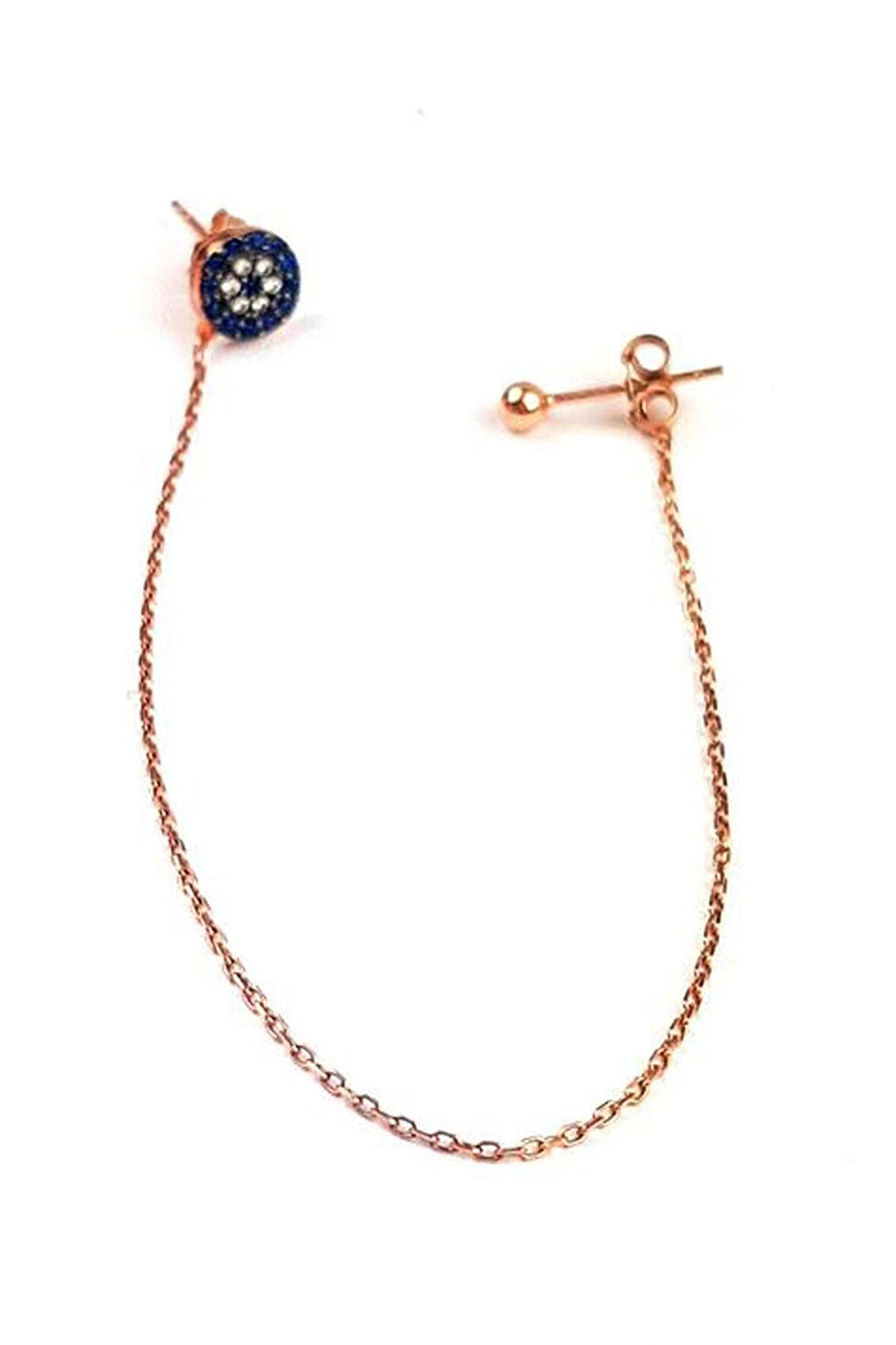 Nazar boncuğu detaylı gümüş üzerine rose altın kaplamalı zincir küpe