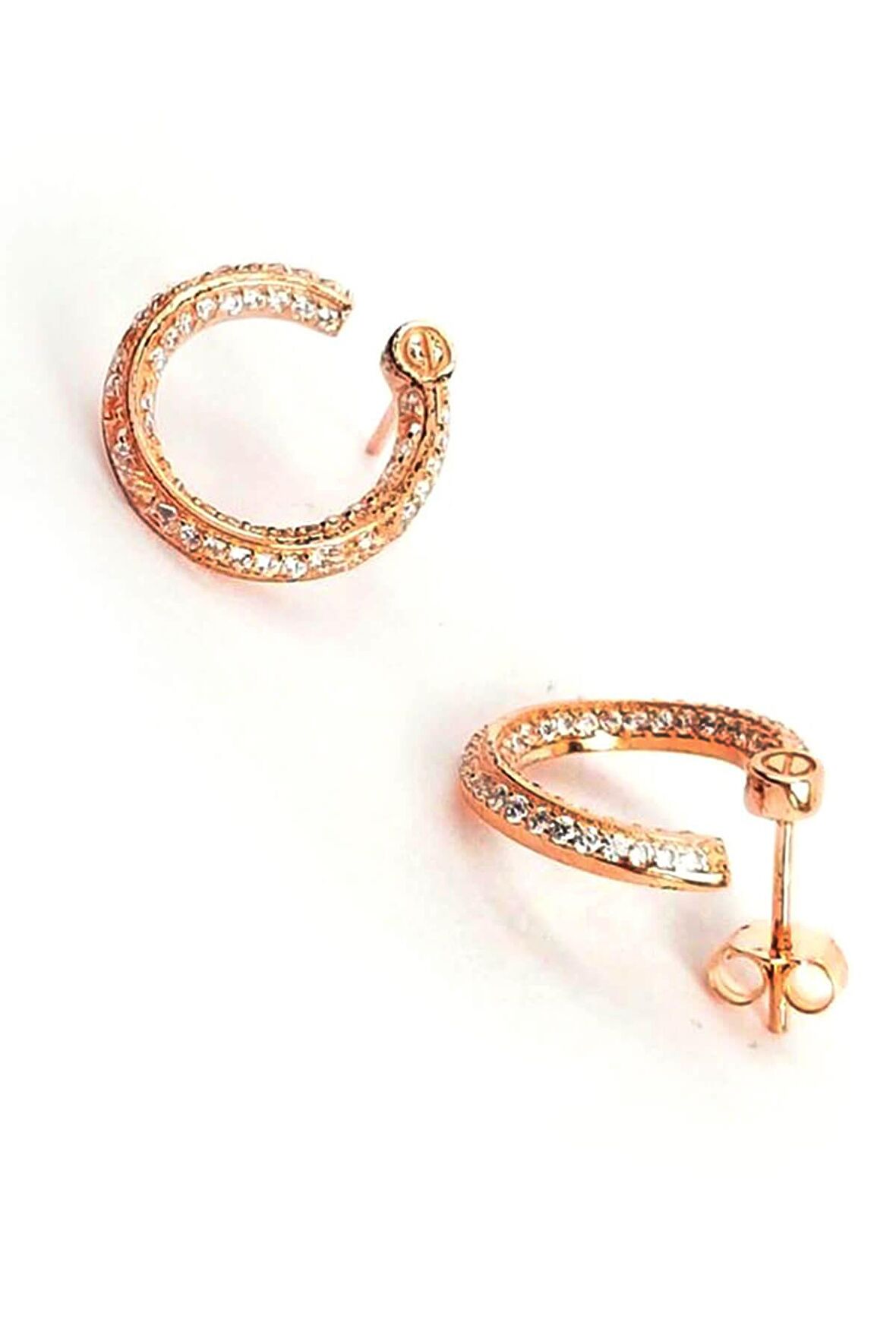Spiral Lüks Zirkon taşlı gümüş üzerine rose altın kaplamalı küpe