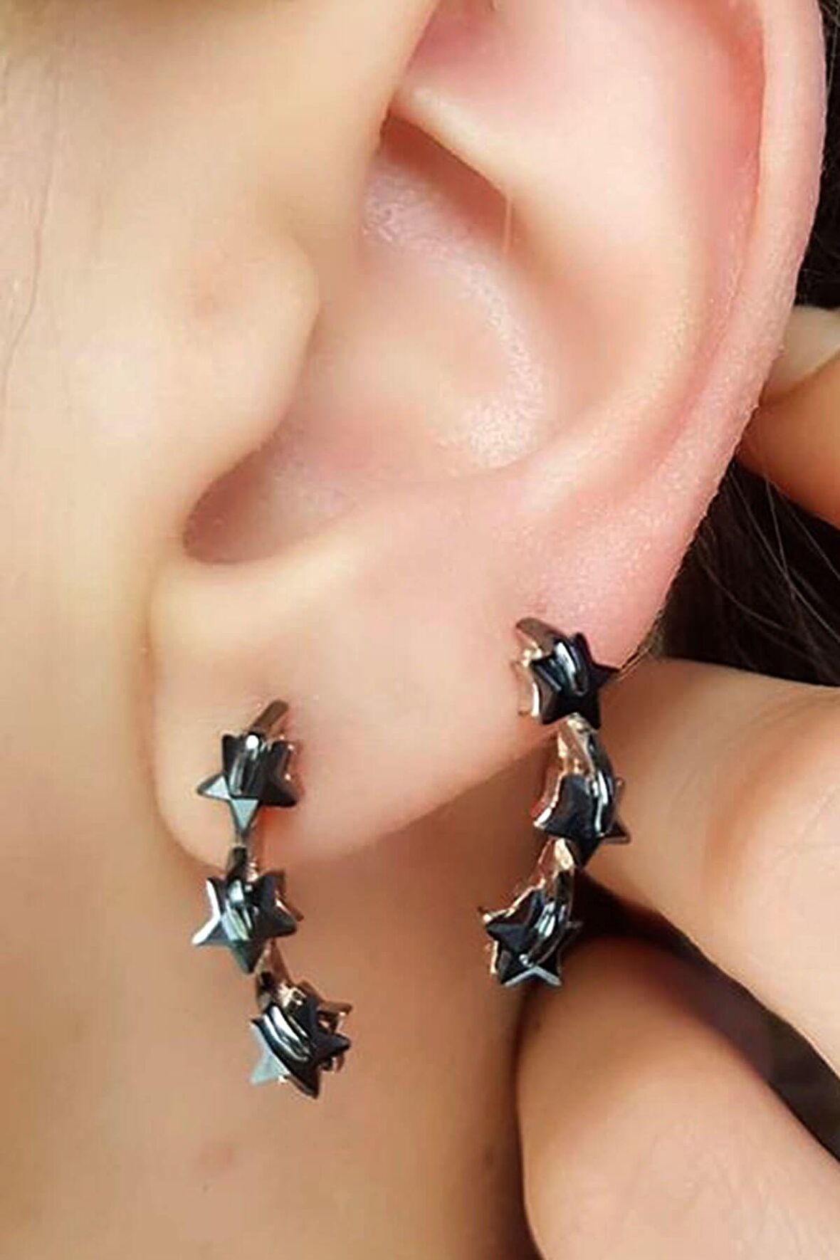 Siyah Oniks taşlı yıldızlı gümüş küpe