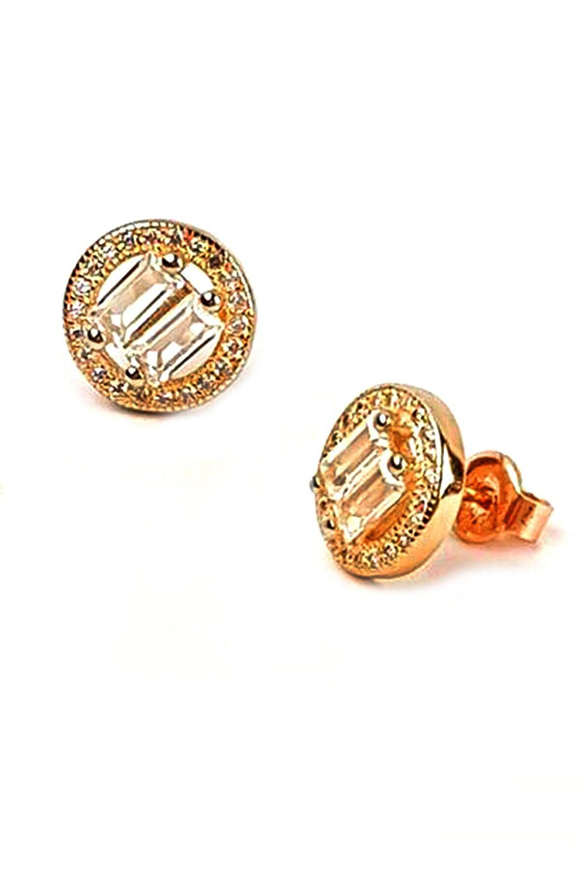 Pırlanta ışıtısında baget kesim zirkon taşlı gümüş üzerine rose altın kaplamalı küpe