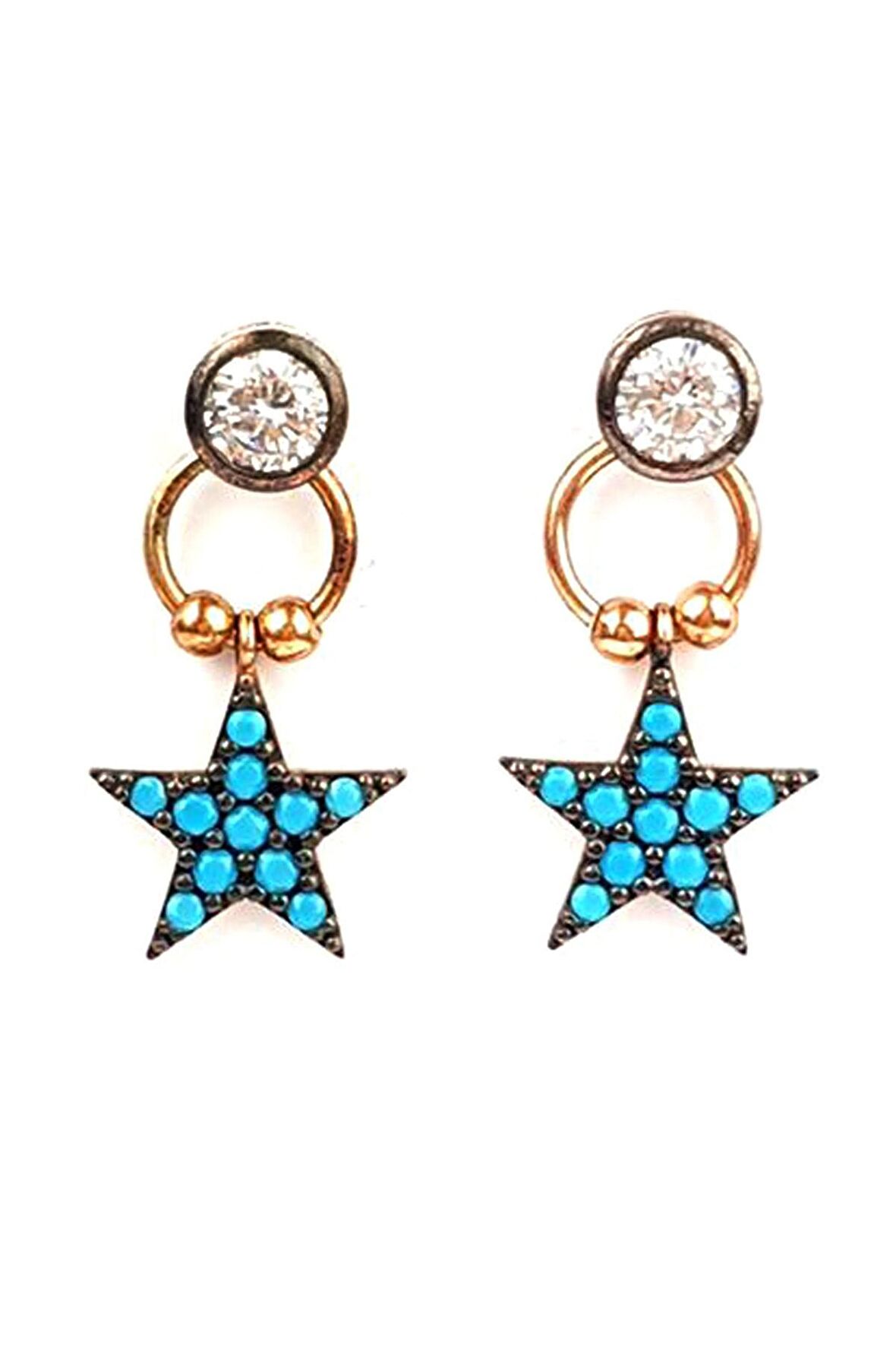 Turkuaz ve zirkon taşlı sallantılı gümüş yıldız  küpe